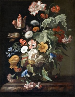 Natureza morta a óleo de Rachel Ruysch com flores vibrantes em um vaso.