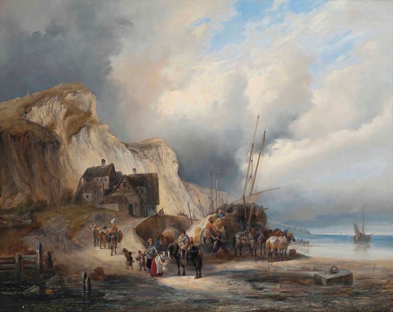 Cena de gênero de trabalhadores carregando feno na costa da Normandia, óleo de Heinrich Ambros Eckert.
