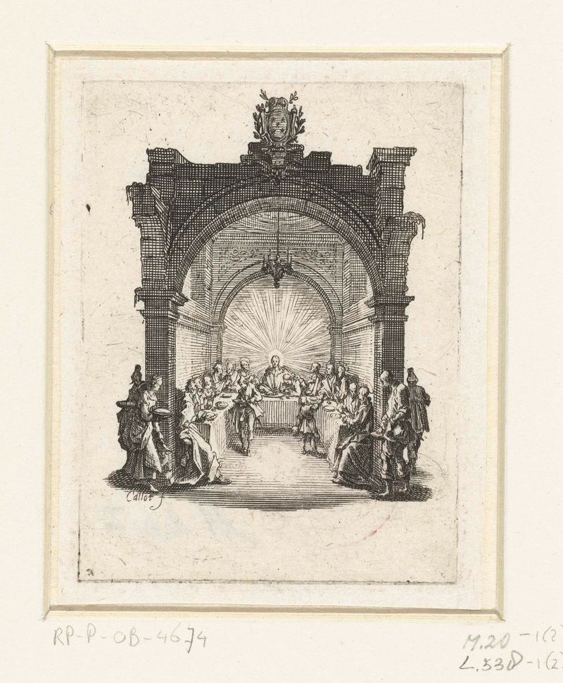 Gravura de Jacques Callot representando a Última Ceia com figuras ao redor de uma mesa mal iluminada