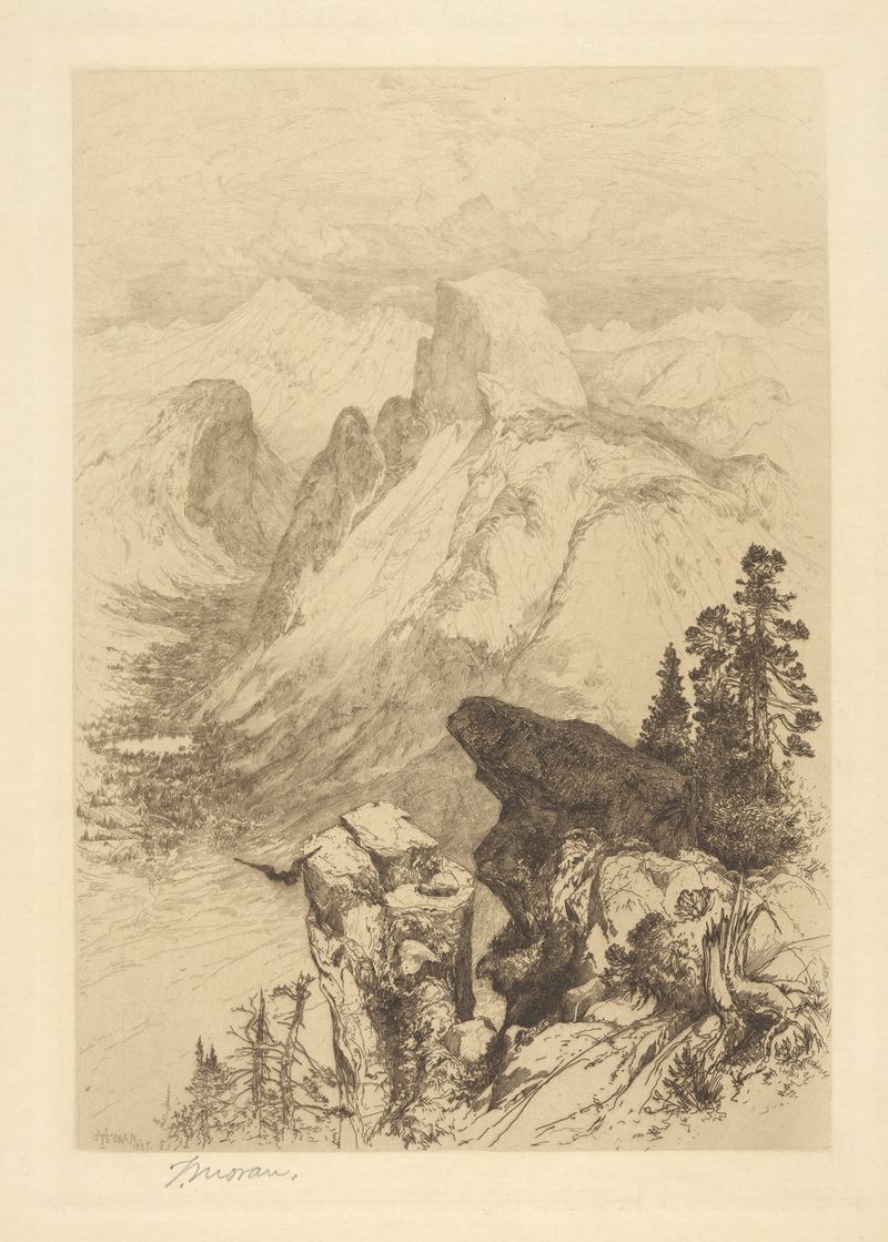 Half Dome en Yosemite de Thomas Moran, pintura al óleo que representa un paisaje montañoso con nubes.