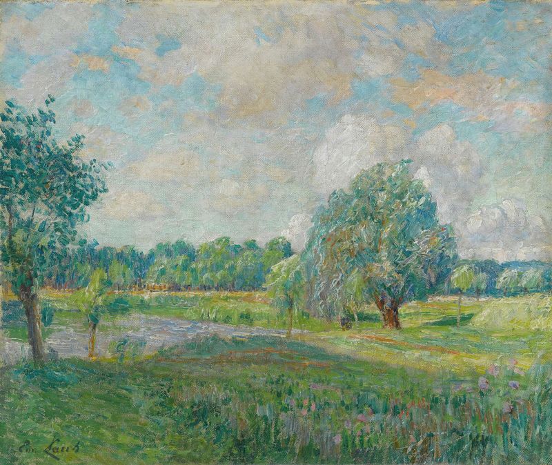 Le Saule by Emile Claus, oil painting depicting a willow tree by tranquil water.