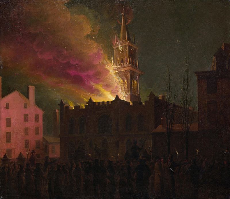 Historical scene of the Masonic Hall engulfed in flames, oil painting by Samuel Jones
