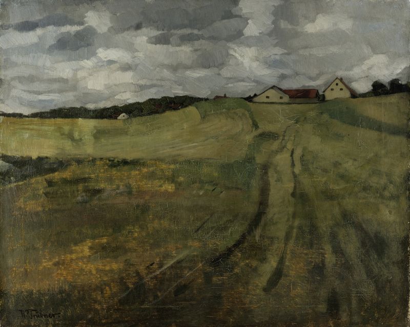 Stubble field with ascending path, oil painting by Wilhelm Trübner