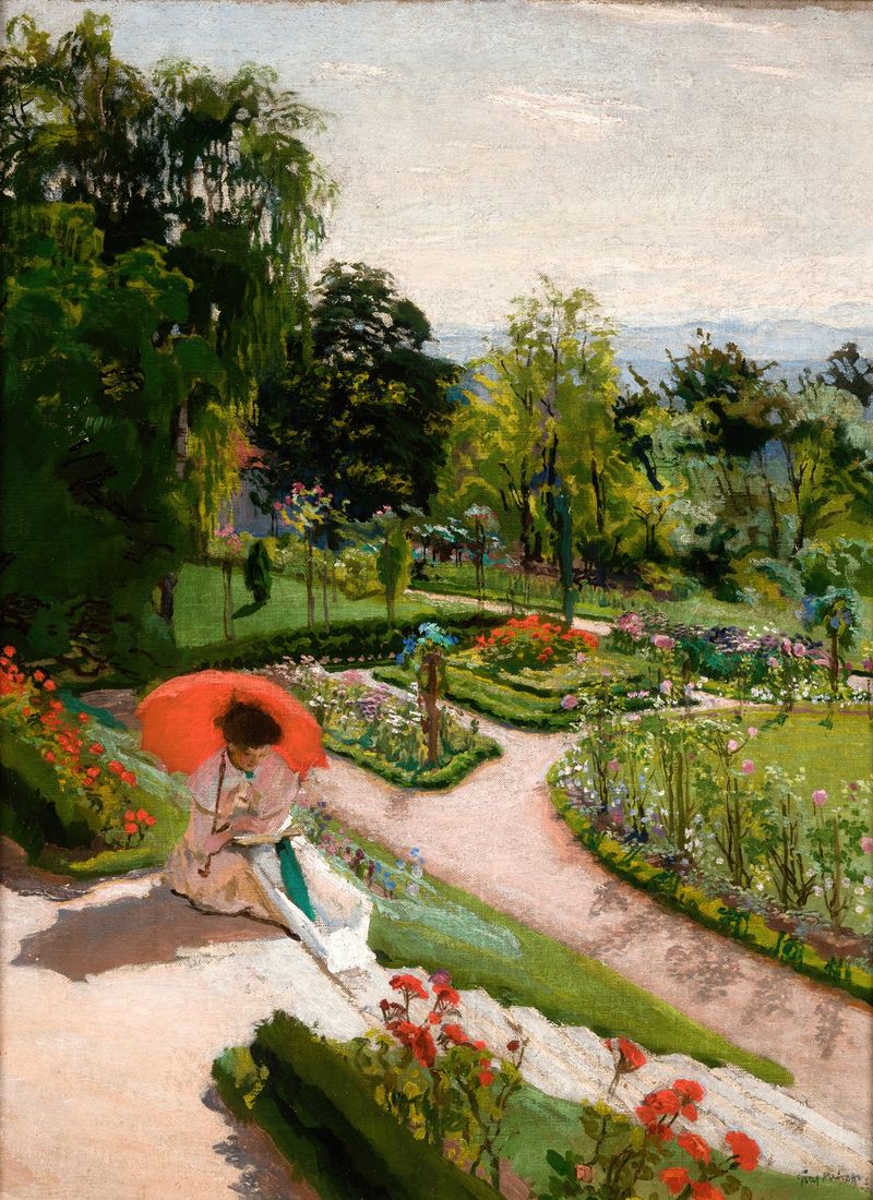 Figurative oil painting featuring a crimson umbrella by Józef Mehoffer, 1917.
