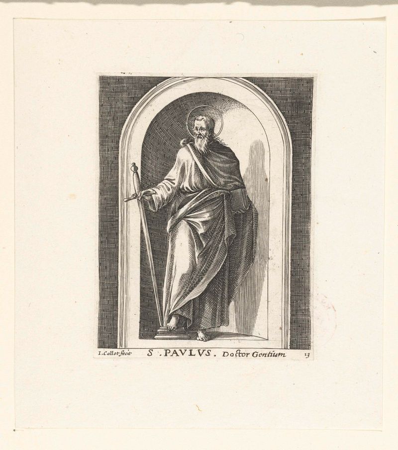Gravura de São Paulo por Jacques Callot, uma figura solene cercada por figuras caóticas.