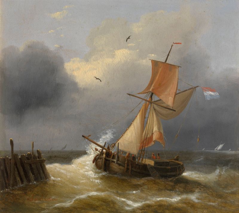 Turbulent Sea oil painting by Charles Louis Verboeckhoven depicting dark waves and white foam.
