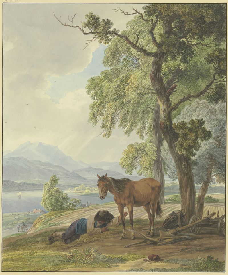 Farmer standing next to his horse beside a plowed field, oil on canvas by Wilhelm von Kobell