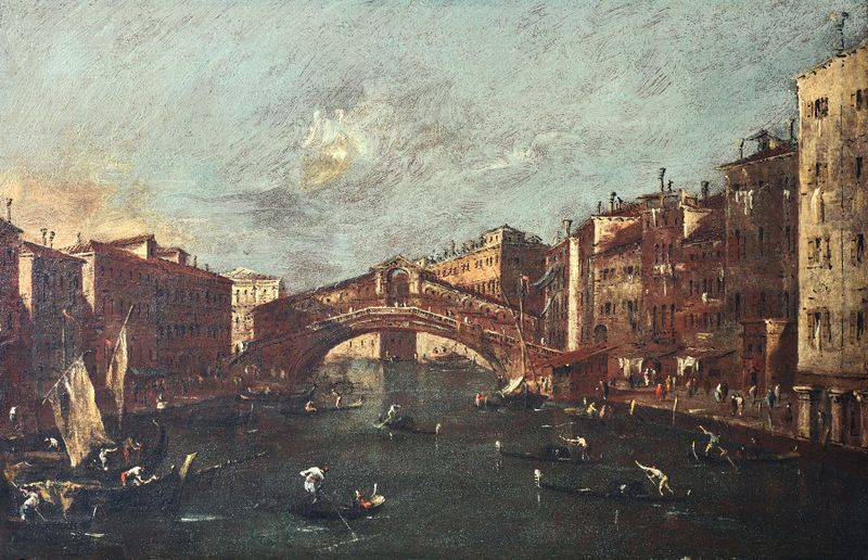 Rococo oil painting by Giacomo Guardi depicting the Rialto Bridge over a canal