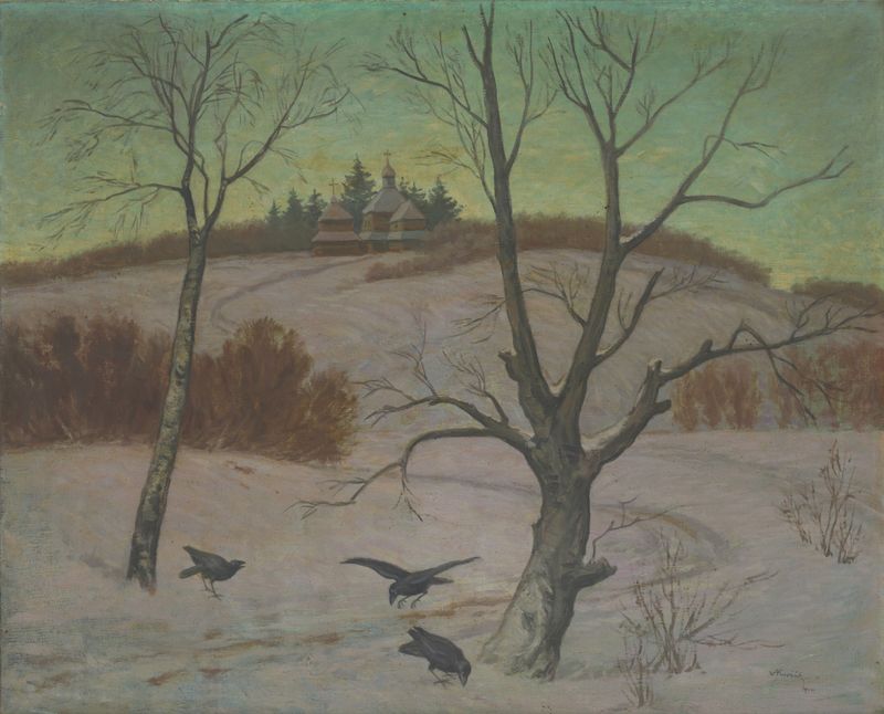Winter landscape featuring a church by Andrej Kováčik, expressionism