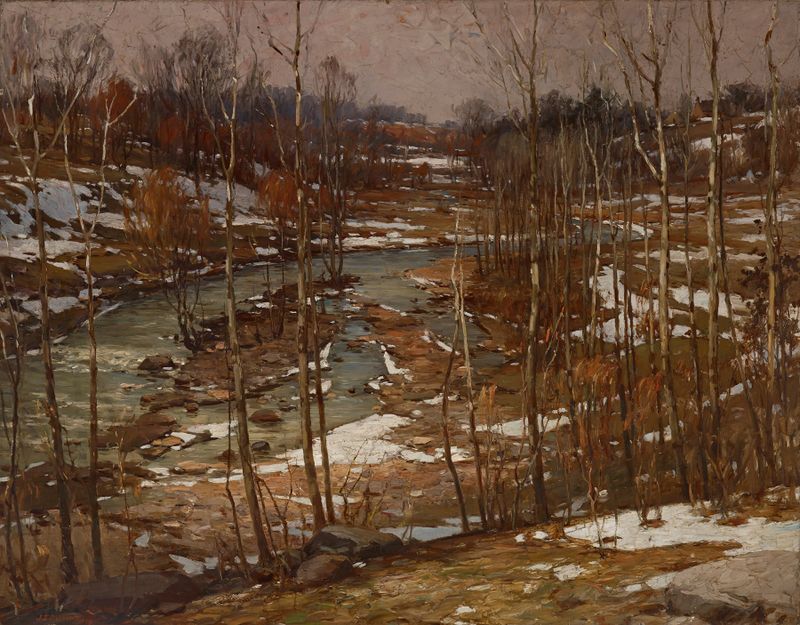 Wane of Winter de John Elwood Bundy, óleo sobre tela representando a retirada do inverno com gelo nos galhos.
