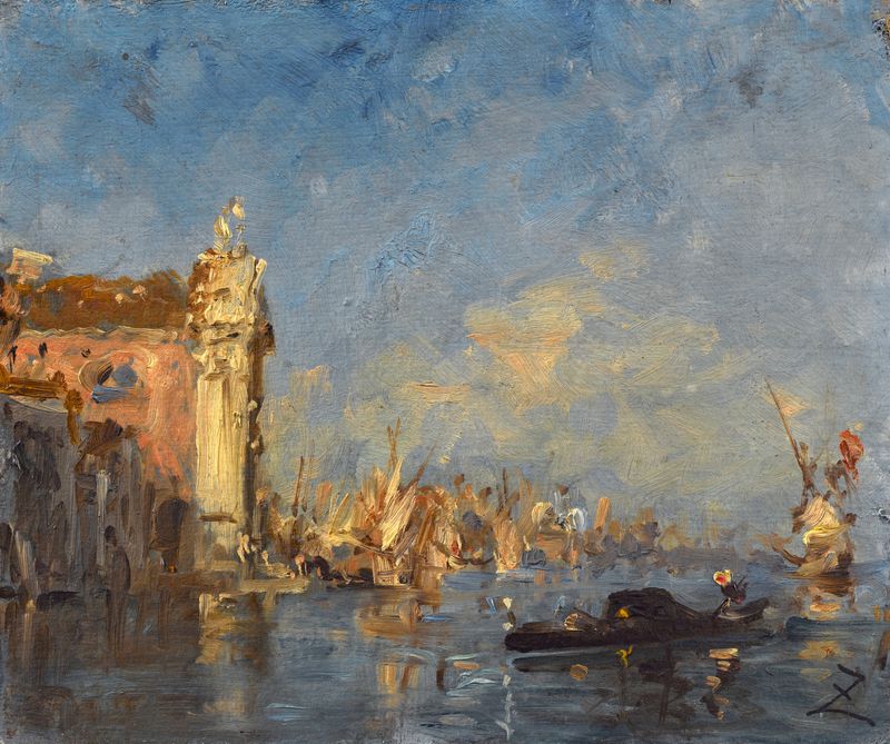 Arquitectura de la iglesia contra un cielo vibrante, pintura al óleo de Félix Ziem