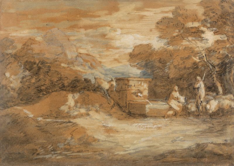 Paisagem montanhosa com figuras, ovelhas e fonte, óleo sobre tela de Thomas Gainsborough
