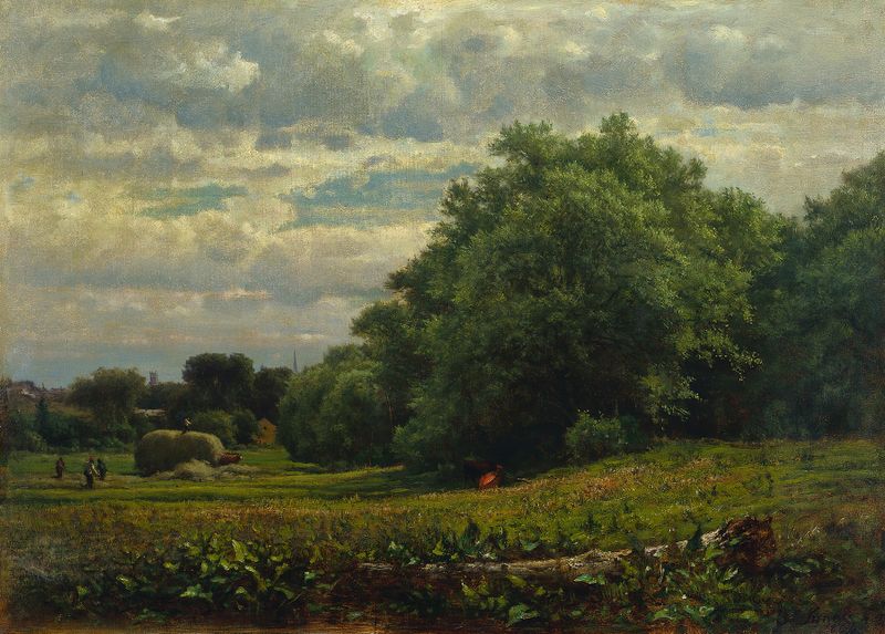 Harvest Time de George Inness, óleo sobre lienzo que muestra campos dorados bajo un sol cálido