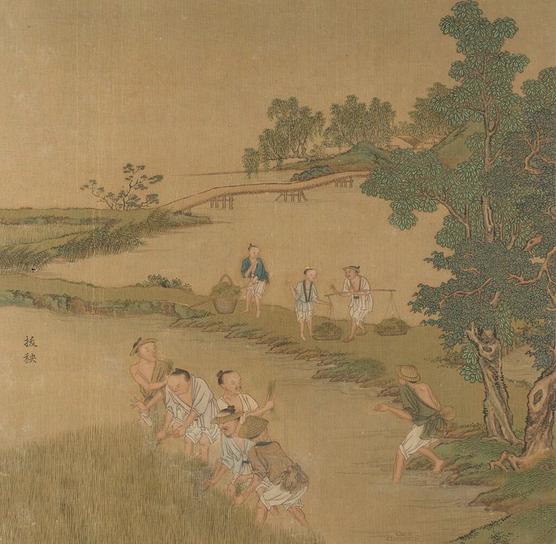 Genre scene of women engaged in crafts, silk medium by Qiu Ying.