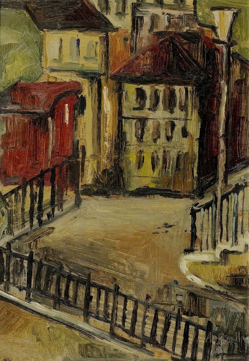Urban landscape in oil on canvas by Alice Bailly with geometric shapes and bright colors.