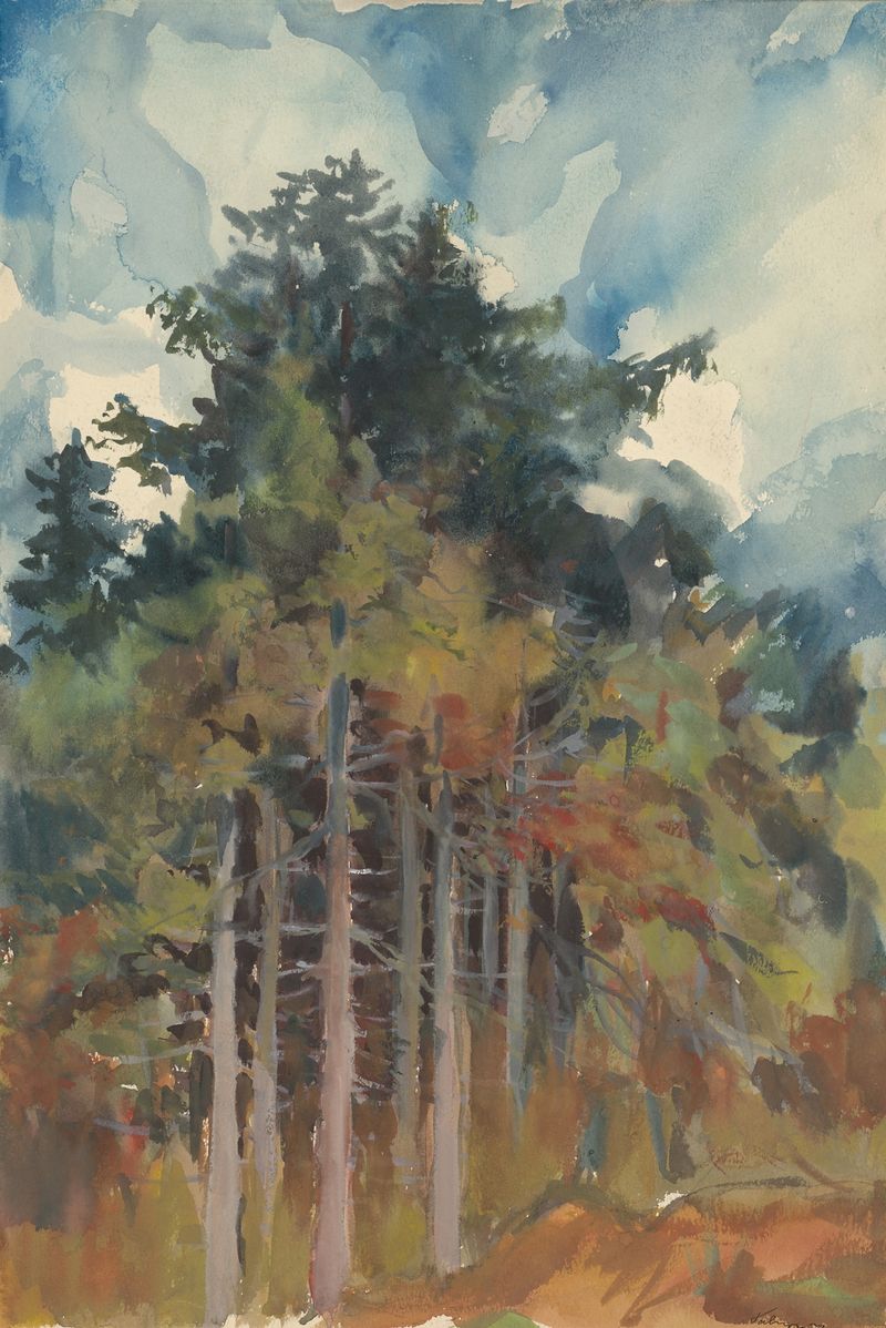En el Bosque en Otoño de Zolo Palugyay, pintura al óleo que representa un vibrante paisaje otoñal.