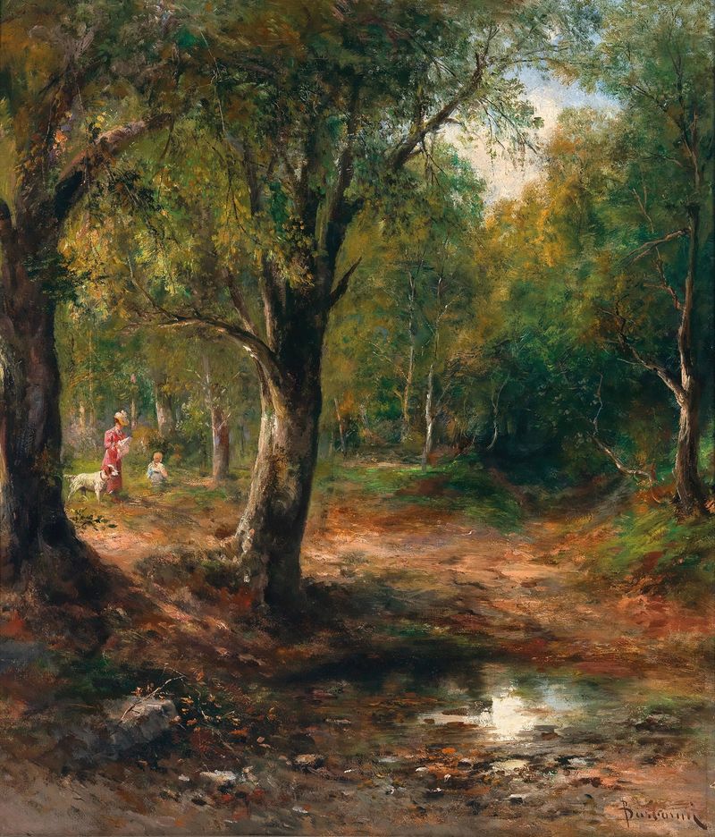A Walk in the Forest de Emil Barbarini, óleo que representa una escena de bosque exuberante.