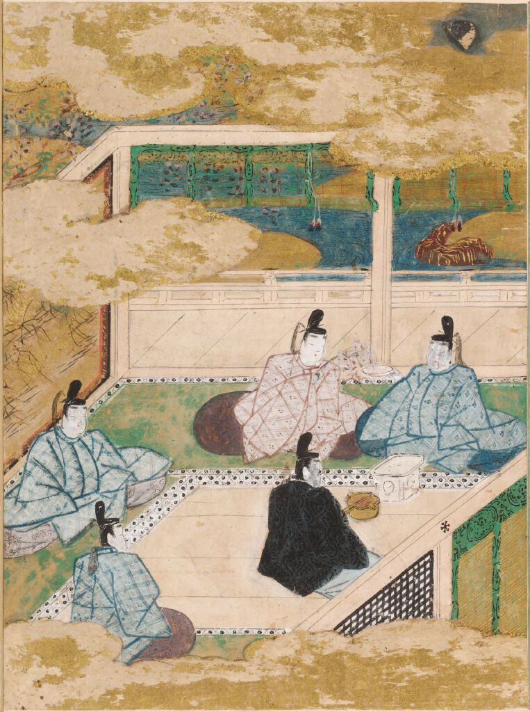 New Wisteria Leaves by Tosa Mitsunobu, gold medium, depicting delicate wisteria leaves.
