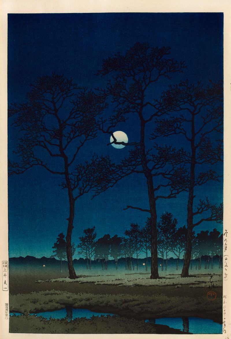 Woodblock print by Kawase Hasui depicting a winter landscape with snow and a full moon