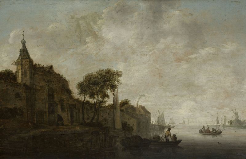 Canal bank by Wouter Knijff, oil on canvas depicting figures conversing by a canal at twilight.