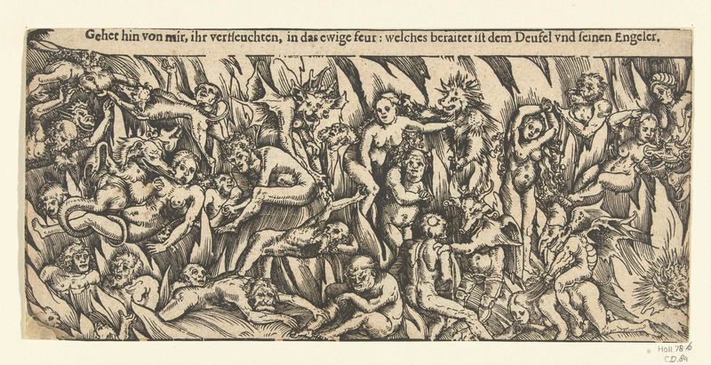 Escena religiosa con figuras en desesperación entre llamas, papel de Lucas Cranach