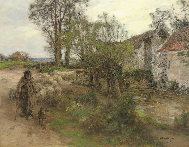 Sortie Du Troupeau Du Rue Chailly de Léon Augustin Lhermitte, pintura al óleo que muestra ovejas en una calle.