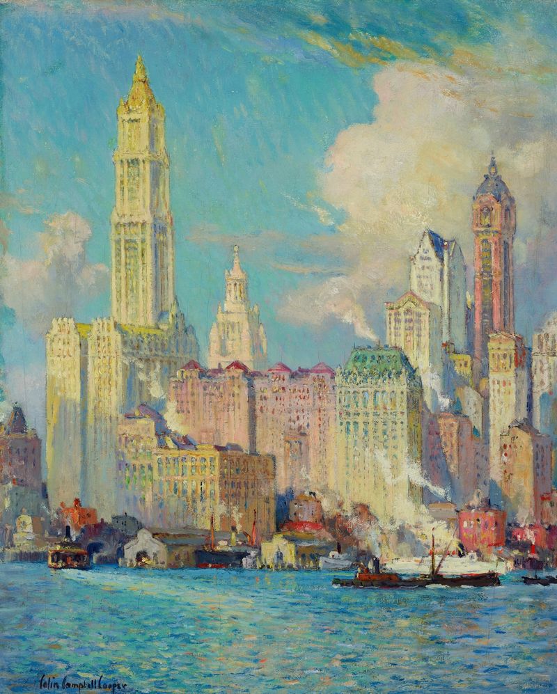 View of Wall Street by Colin Campbell Cooper, impressionism, depicting a lively city with water and buildings.
