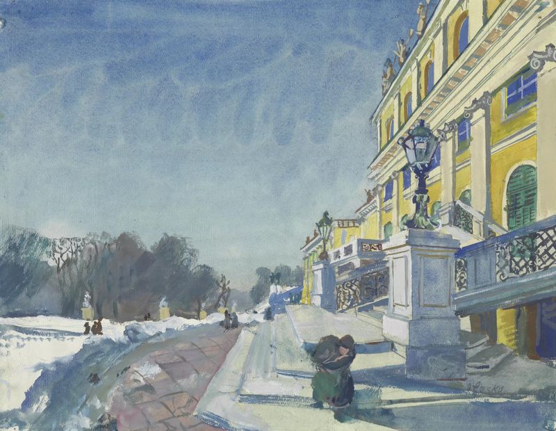 Treppe des Schlosses Schönbrunn im Winter, óleo sobre tela de Oskar Laske, apresentando uma escada coberta de neve.
