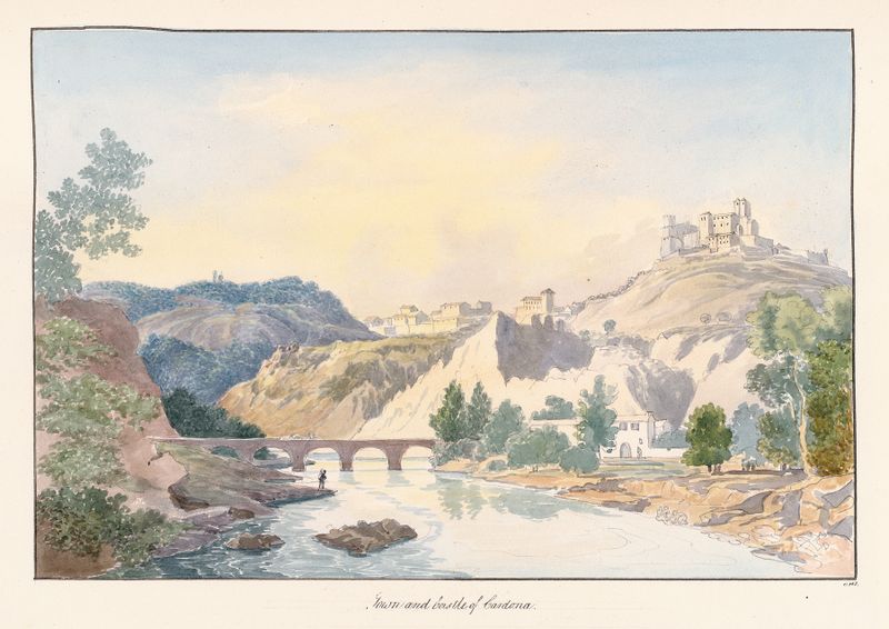 Watercolour by Charles Hamilton Smith depicting the town and castle of Cardona under a serene sky.