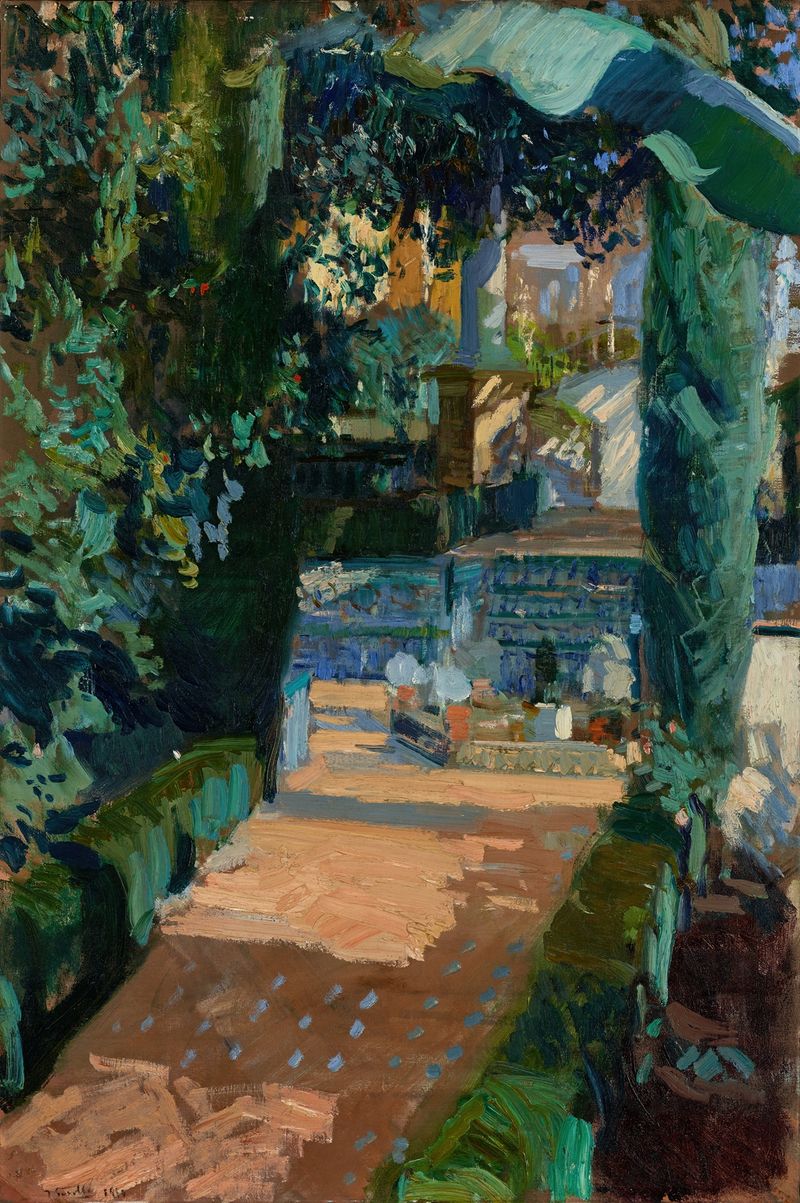 Pintura figurativa a óleo de Joaquín Sorolla mostrando dançarinos sob a luz do sol no Alcázar, Sevilha