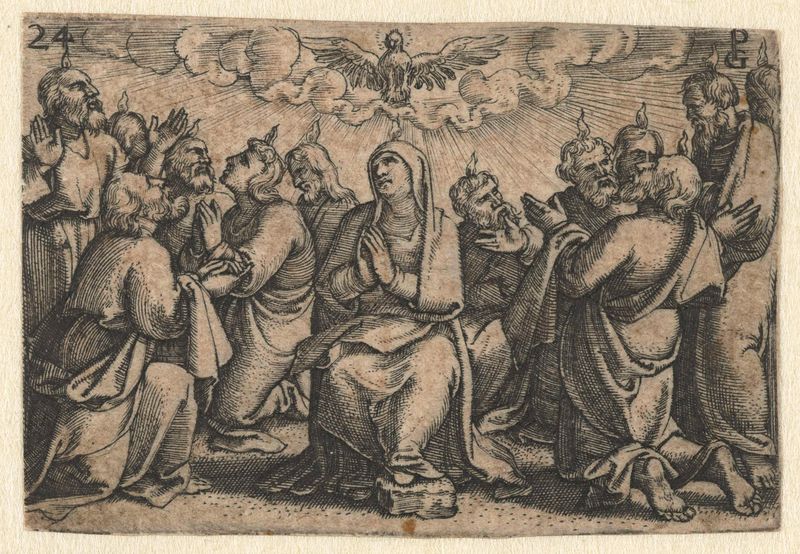 Gravura de Georg Pencz mostrando a descida do Espírito Santo com luz radiante.