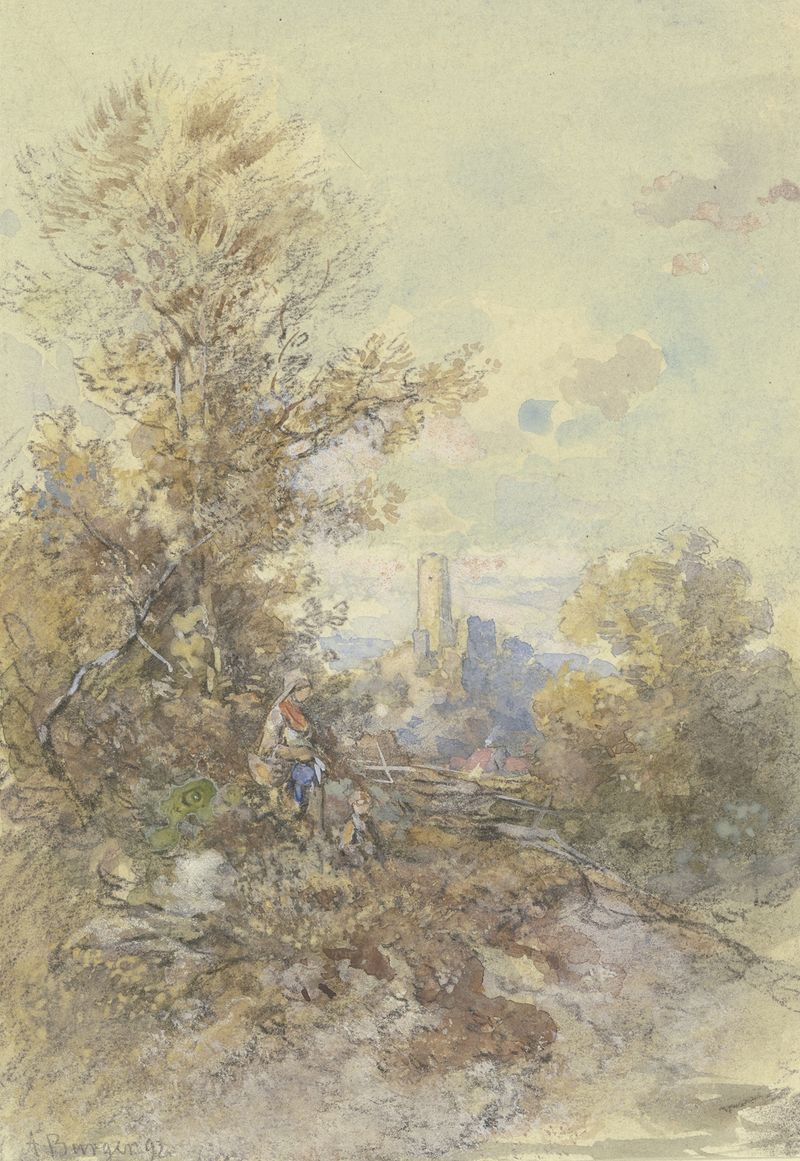 Landschaft mit Bäuerin, Kind und der Ruine Eppstein, óleo sobre lienzo de Anton Burger