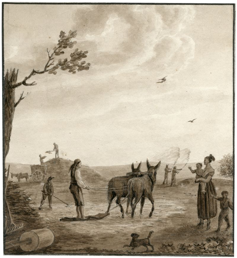 Genre scene of figures threshing grain, oil painting by Otto Howen
