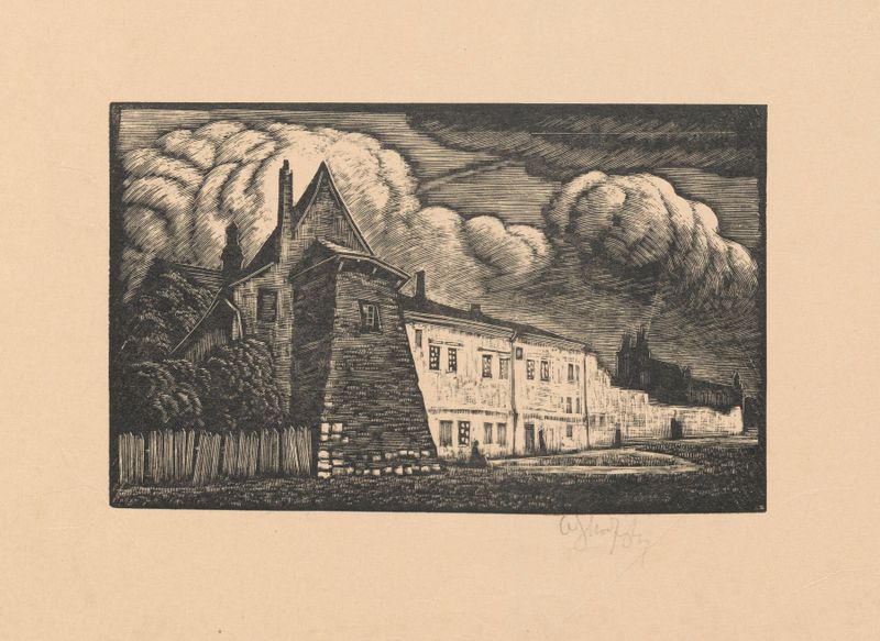 Motyw z Krakowa; Baszta Augustianów by Władysław Skoczylas, oil painting depicting an old watchtower.