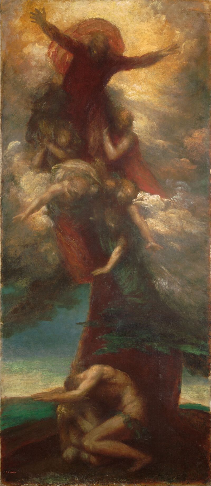 The Denunciation of Adam and Eve, oil on canvas by George Frederic Watts, depicting sorrowful figures in nature.
