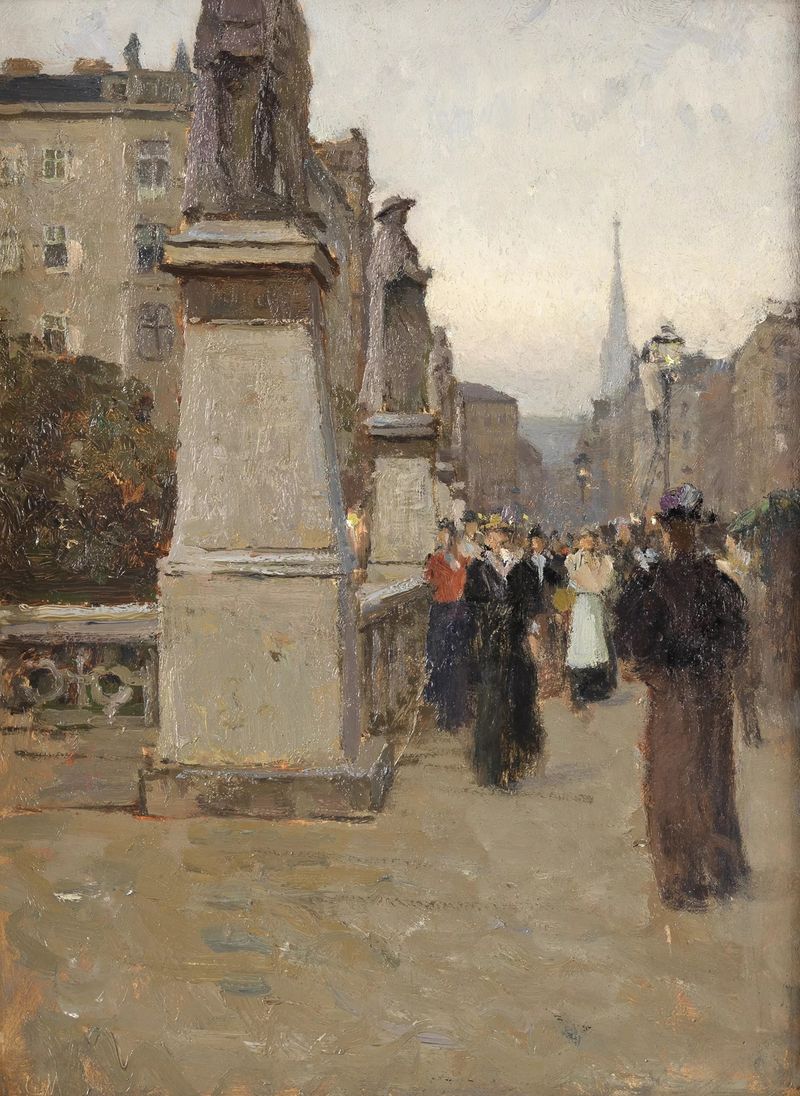Pintura a óleo de Carl Moll representando um rio e uma paisagem urbana.