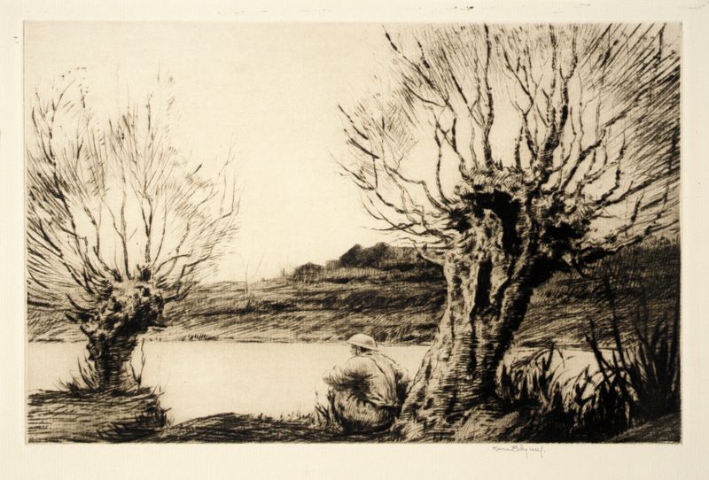 Grabado de Kerr Eby que representa sauces junto a un río, capturando tranquilidad y memoria.