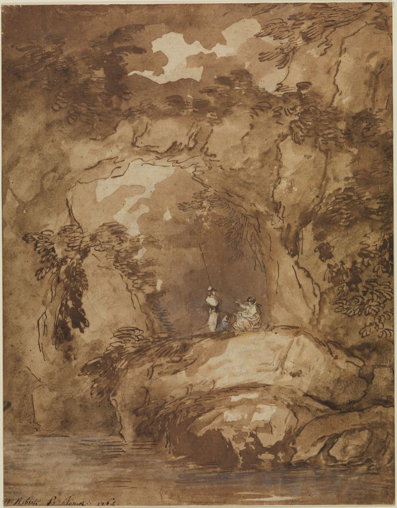 Pintura rococó de Hubert Robert con una gruta y soldados junto al agua