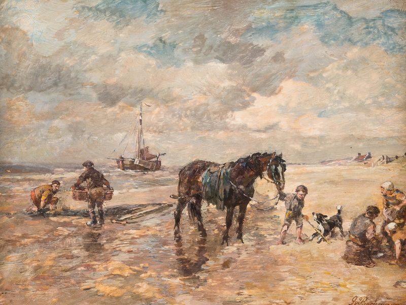 Mussel Fisher by the Beach, oil on canvas by Gregor von Bochmann, depicting a figure by the shore.