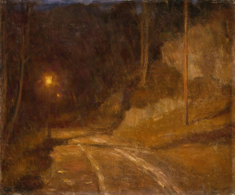 Lamp Light, oil on canvas by Erik Werenskiold, depicting a warm lamp illuminating a cozy interior.