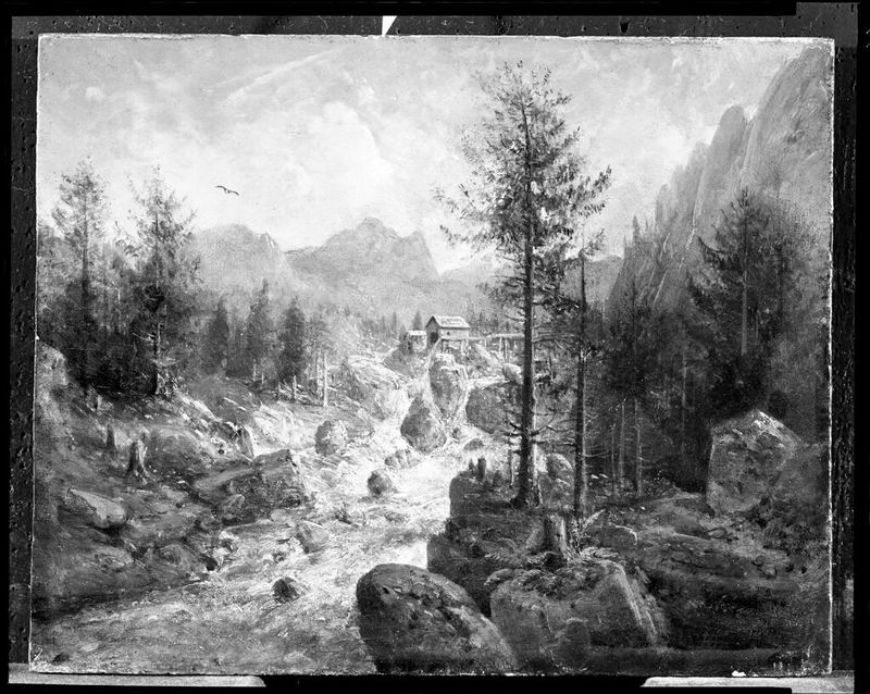 Landscape in the Tyrol de Heinrich Bürkel, óleo sobre panel que representa montañas y valles.