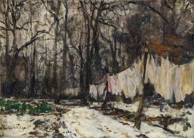 Parkbäume mit aufgehängter Wäsche de Georges Moteley, óleo sobre lienzo que representa árboles y ropa en un parque.