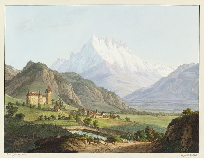 Landscape with hills and architecture, oil painting by Jean-Antoine Linck