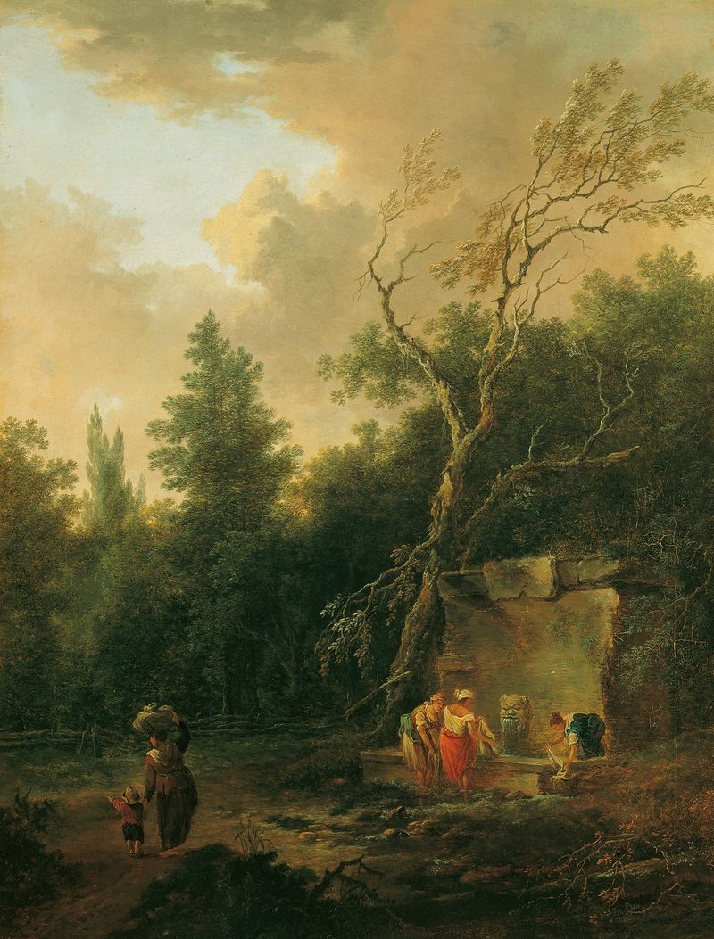 Rococo landscape featuring a fountain and lush foliage by Christian Hilfgott Brand