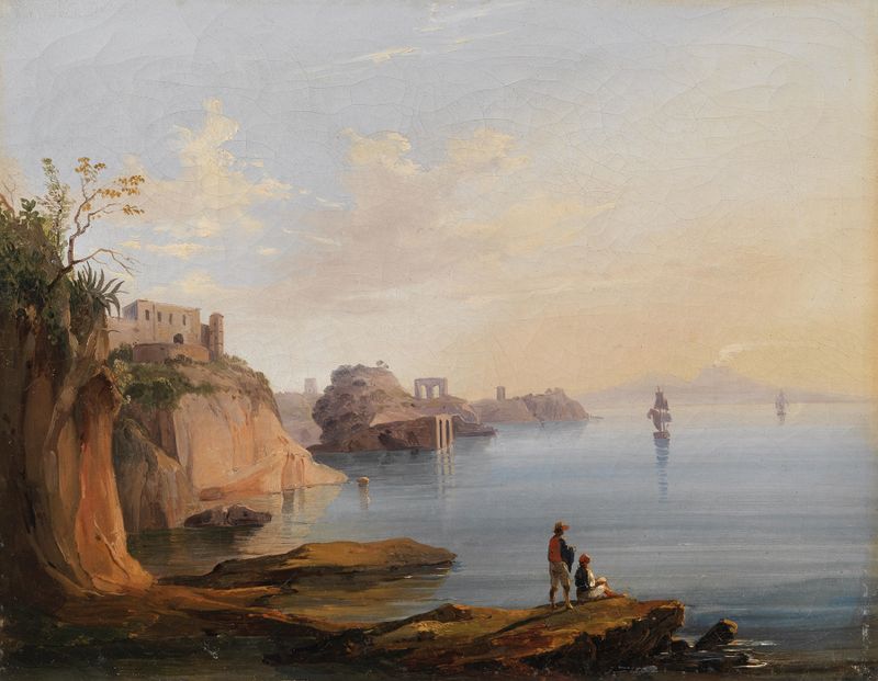 A View of Naples from Posillipo, oil on canvas by Salvatore Fergola, showing a sunset over the sea.