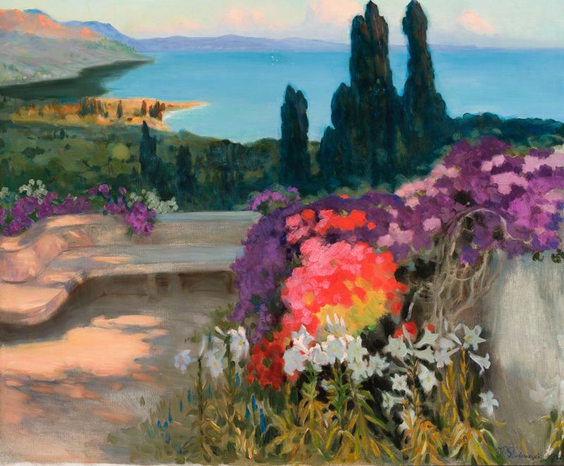 Southern landscape – Taormina by Kazimierz Stabrowski, oil painting depicting a serene landscape.