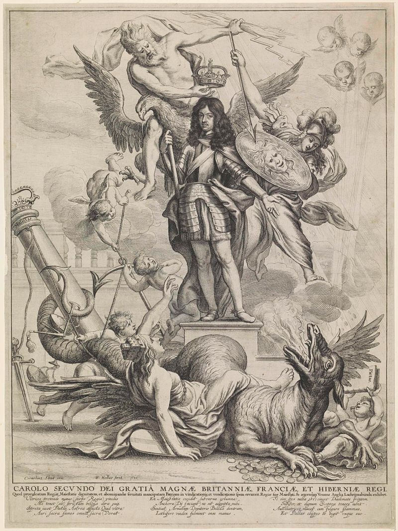 Gravura alegórica representando o rei Carlos II de Wenceslaus Hollar