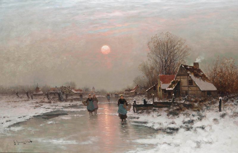 Genre scene by Johann Jungblut, depicting peasants on a frozen waterway at sunset.