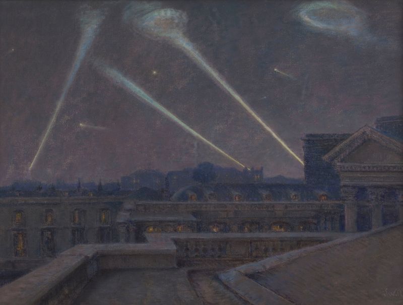 Oil on canvas by Marie-Joseph-Leon Clavel depicting zeppelins in a night sky