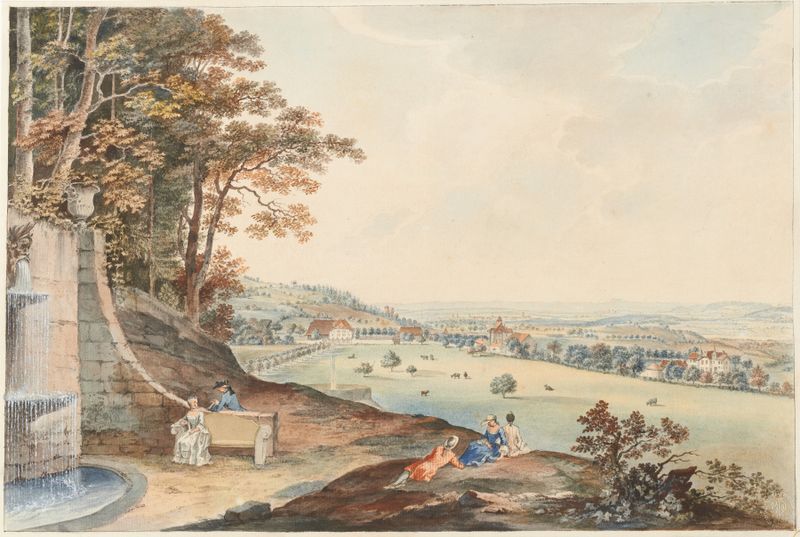 Gravura de Johann Ludwig Aberli representando uma paisagem tranquila com uma vila e colinas.